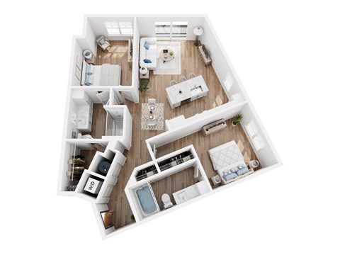 A top-down view of a well-organized apartment with a kitchen, living room, and bedrooms.